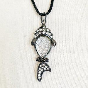 Rhinestone FISH Jelly Belly Pendant on Braided Black Strand Silver-tone